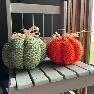 Handmade Crocheted Pumpkins, Super Cute! Rustic orange and Sage green colors.
